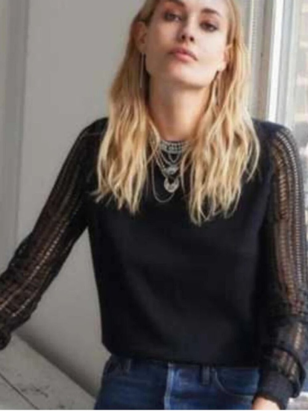 Sezane Pull Isaure in Black - Lace-Knit Sweater